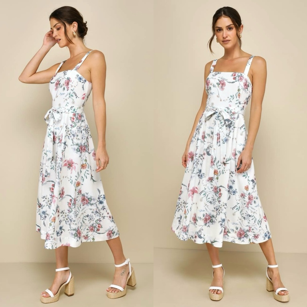 NWT LULUS Floral Square Neck Sleeveless‎ Tie Waist Cottagecore Flare Tea Dress S